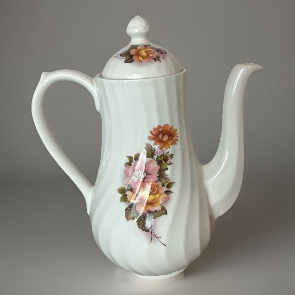 Porcelain Vintage Lidded Tea Pot Coffee Pot Made In England Roses 8" Tall - Picture 3 of 9